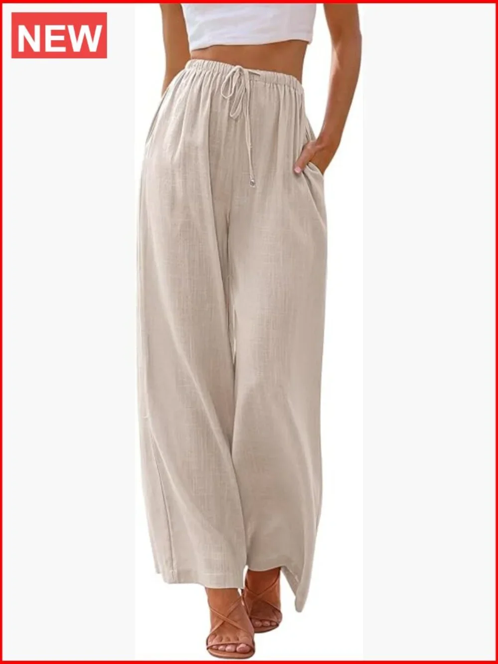 Linen Palazzo Pants Flowy Wide Leg Beach Pants with Pockets